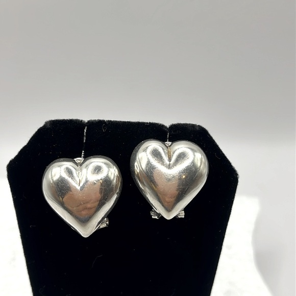 Puffy Heart Sterling Silver Earrings large Vintage Earrings Love Romance - Picture 5 of 11